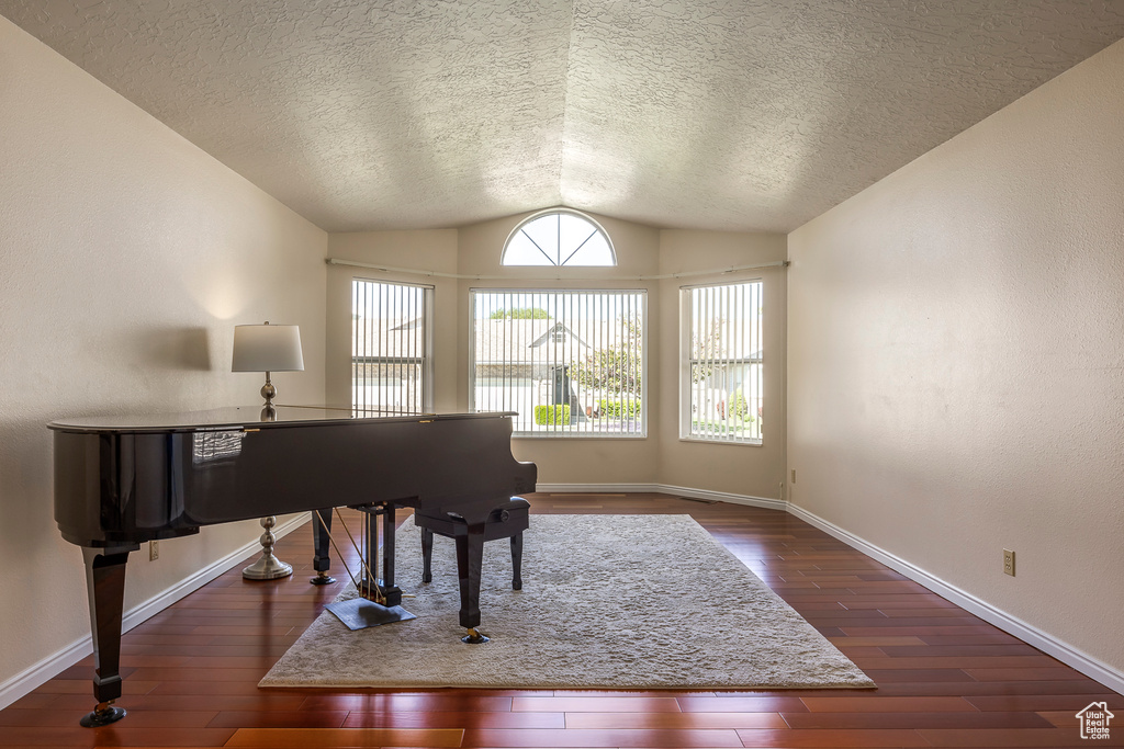 Living area featuring a textured ceiling, baseboards, vaulted ceiling, and hardwood / wood-style floors