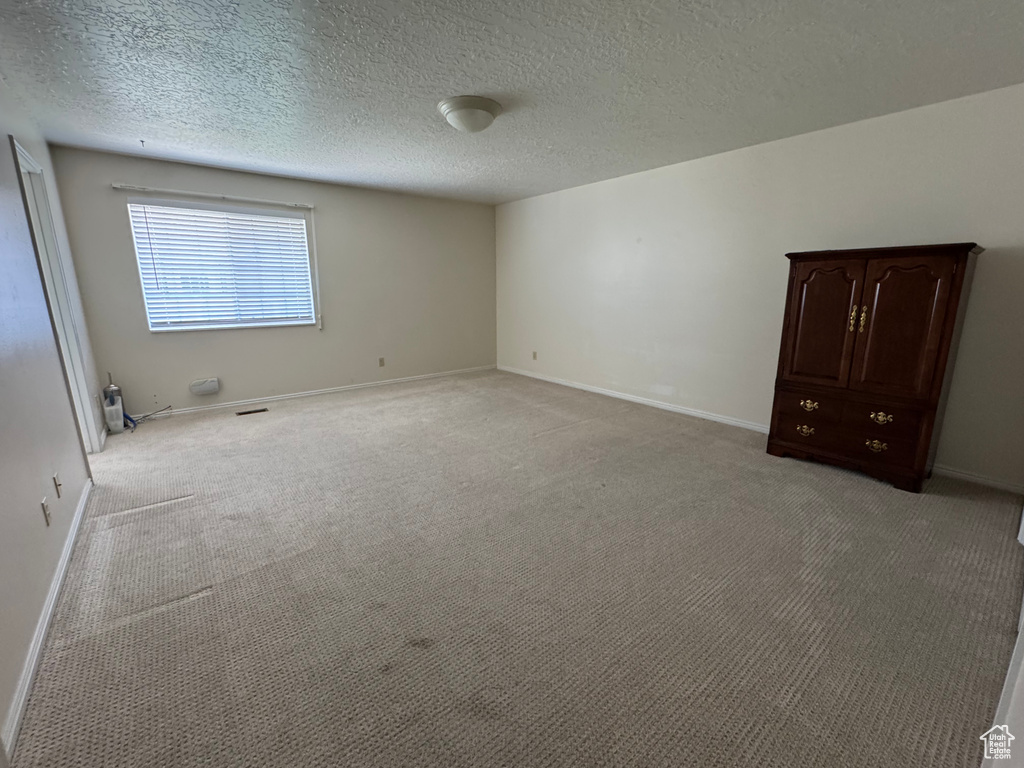 Unfurnished room with a textured ceiling, baseboards, and light colored carpet