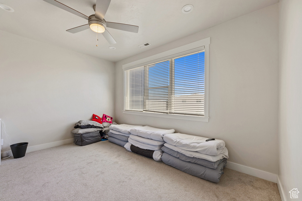 Living area featuring visible vents, a ceiling fan, carpet, and baseboards