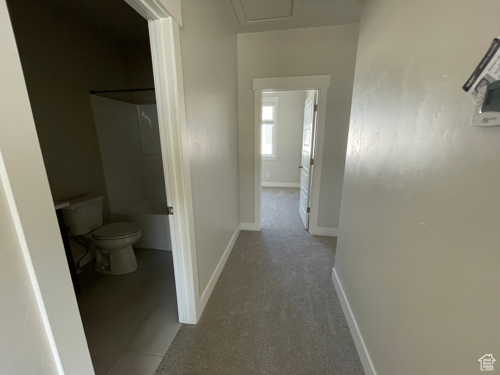 Hallway with baseboards and carpet floors