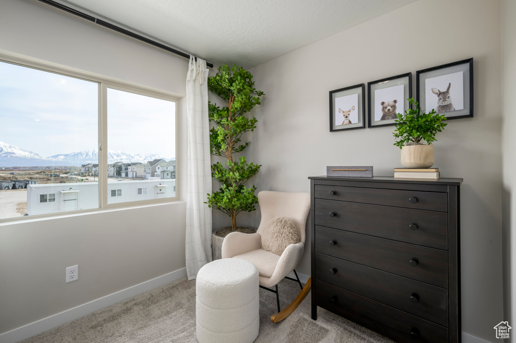 Sitting room featuring carpet flooring, baseboards, and a mountain view