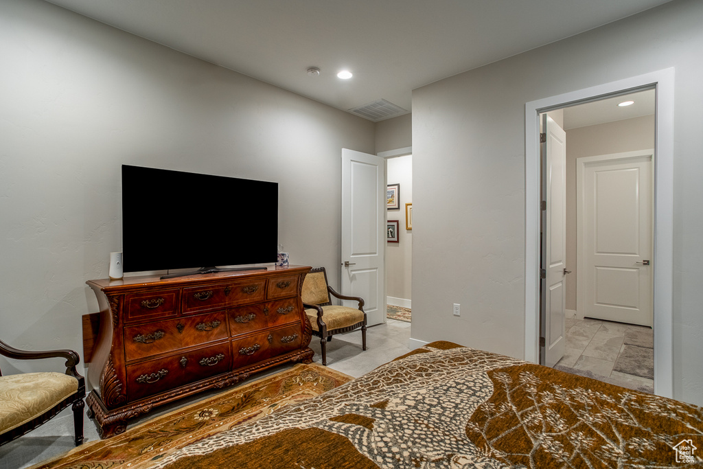 Bedroom with recessed lighting, baseboards, visible vents, and marble finish floor