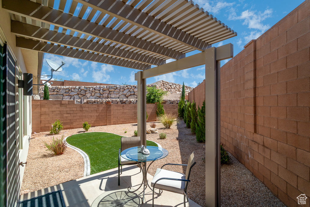 View of patio / terrace featuring a pergola and a fenced backyard