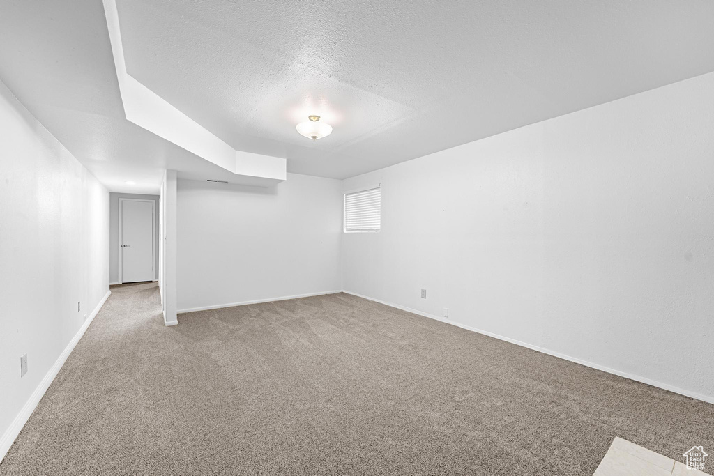Below grade area featuring baseboards, carpet flooring, and a textured ceiling