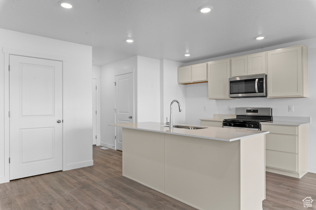 Kitchen with a kitchen island with sink, recessed lighting, a sink, light wood-style flooring, and stainless steel appliances