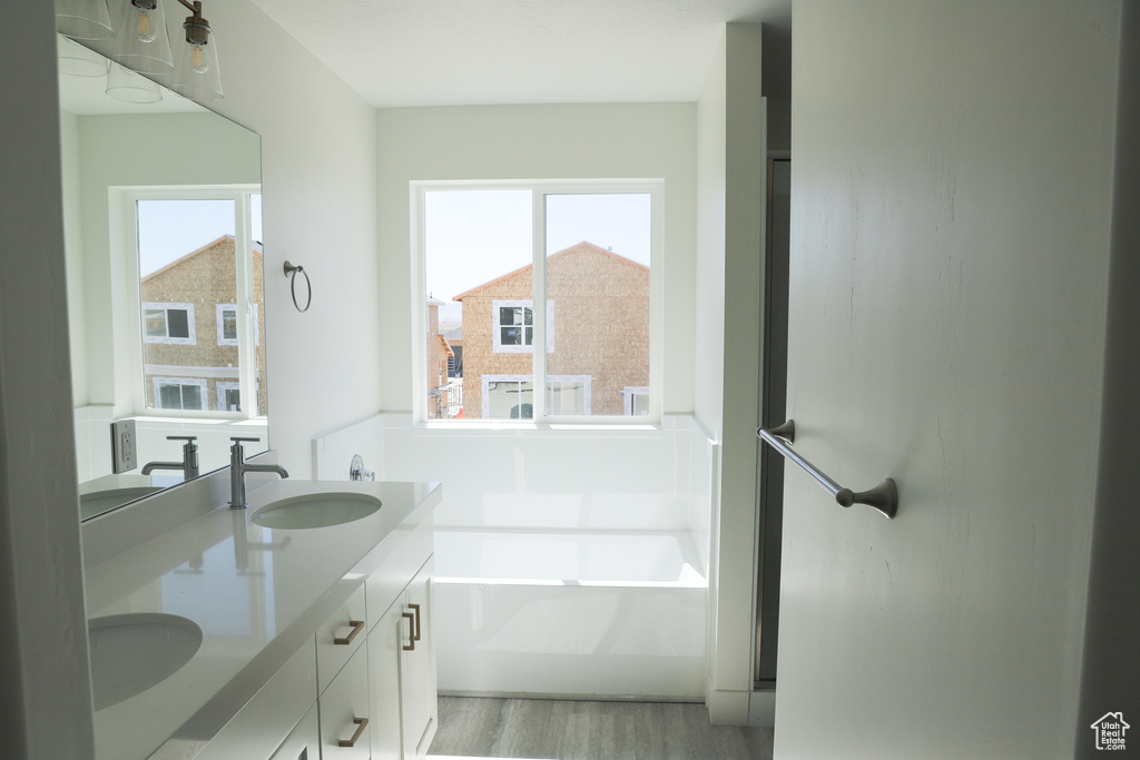 Full bathroom featuring a wealth of natural light, a sink, and wood finished floors