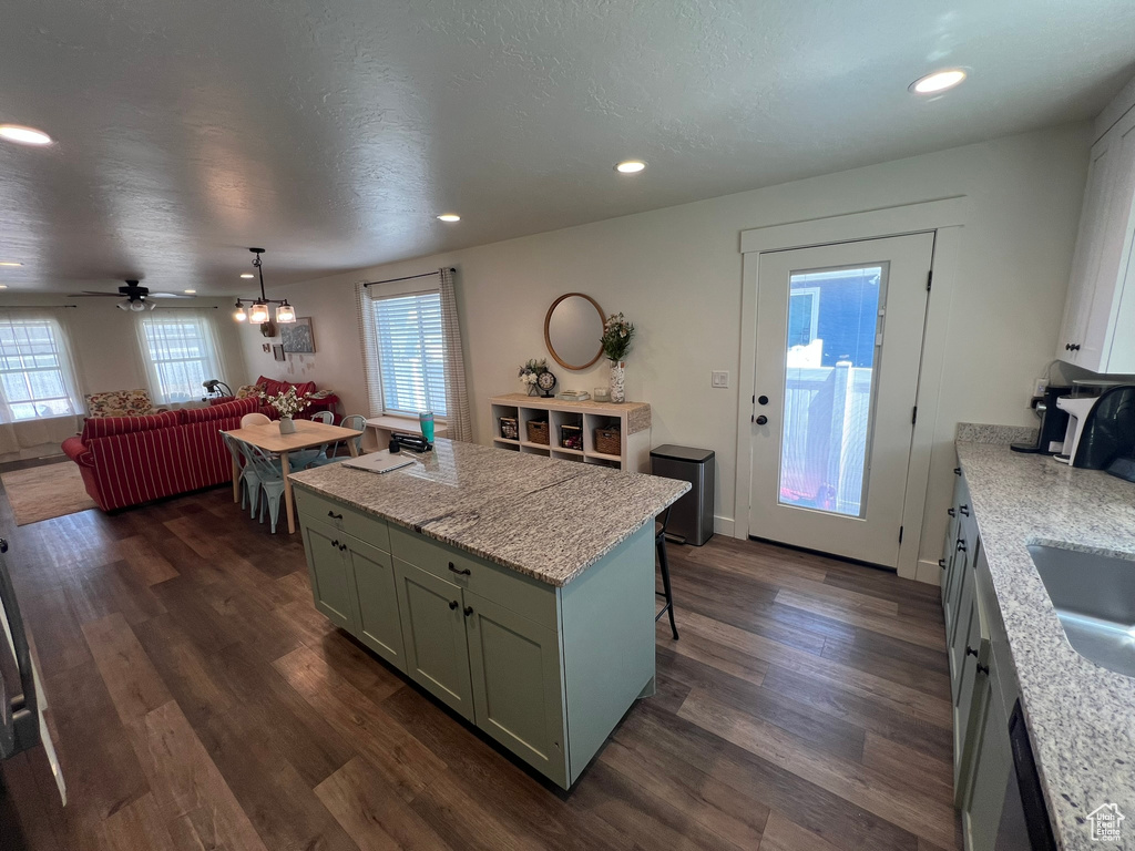 Kitchen with recessed lighting, dark wood-style flooring, a healthy amount of sunlight, and a center island