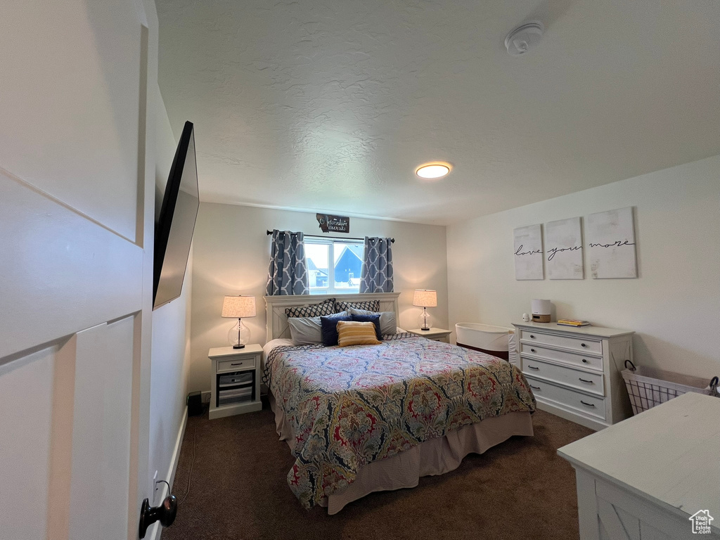 Bedroom with dark colored carpet