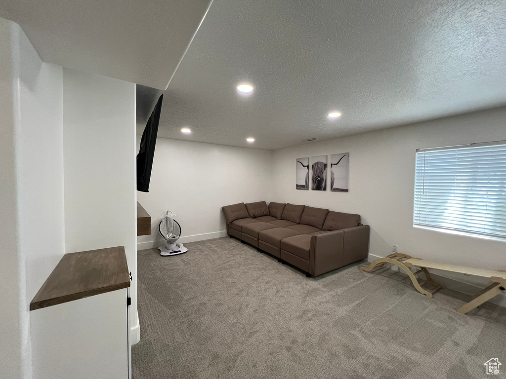 Living room featuring baseboards, carpet, recessed lighting, and a textured ceiling