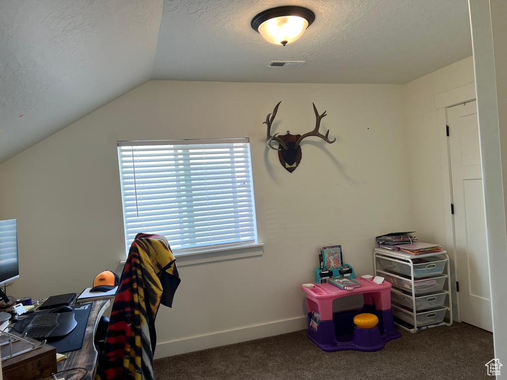 Carpeted office featuring a textured ceiling, visible vents, and vaulted ceiling