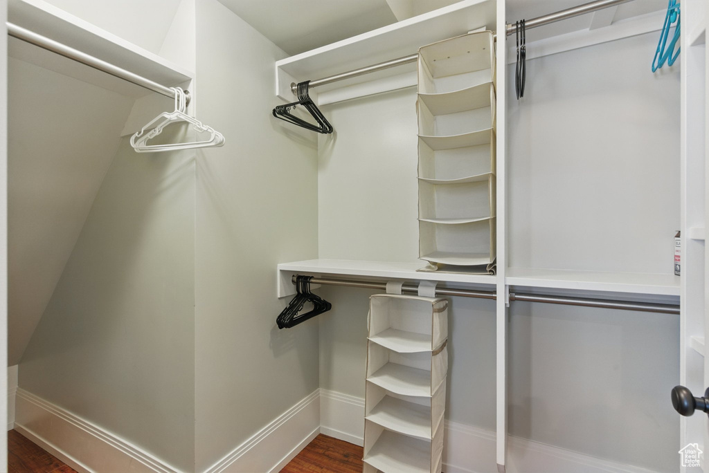 Walk in closet featuring dark wood-style floors