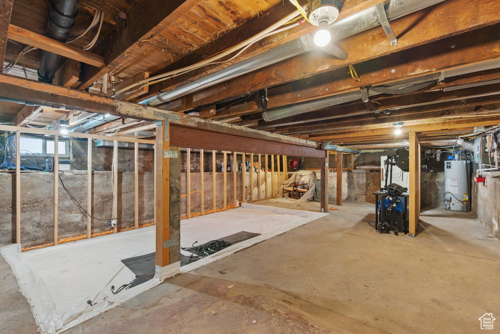 Unfinished basement featuring water heater