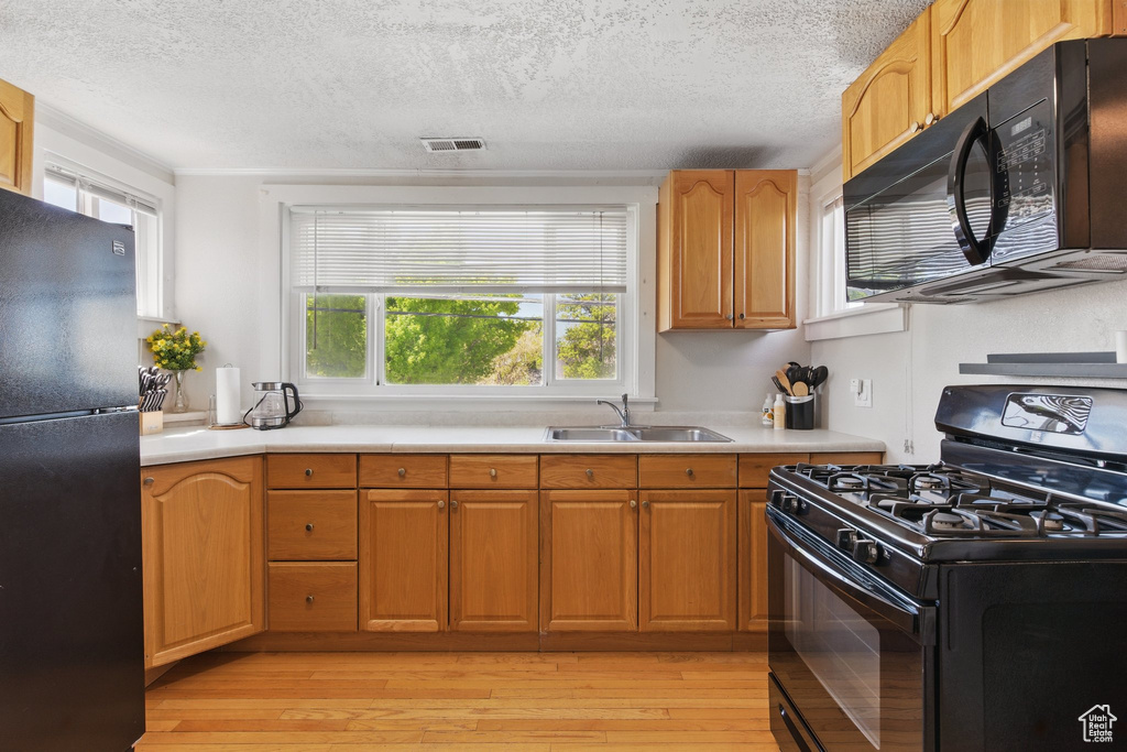 Kitchen featuring visible vents, a healthy amount of sunlight, a sink, and black appliances