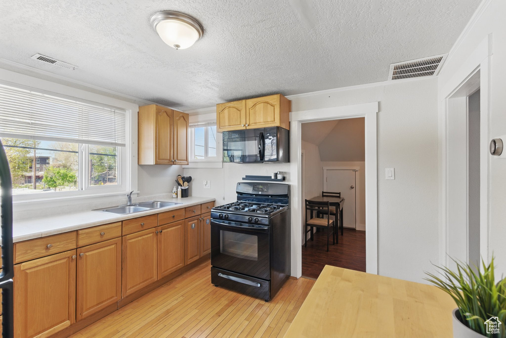 Kitchen featuring a textured ceiling, visible vents, a sink, light countertops, and black appliances