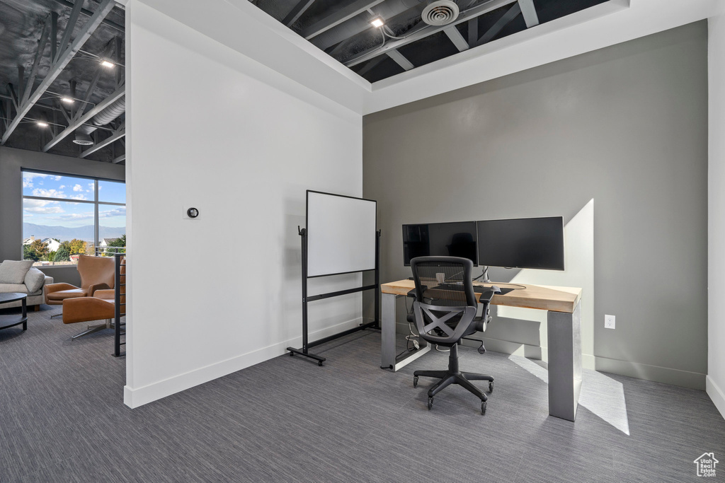 Office space with carpet floors, baseboards, and a high ceiling