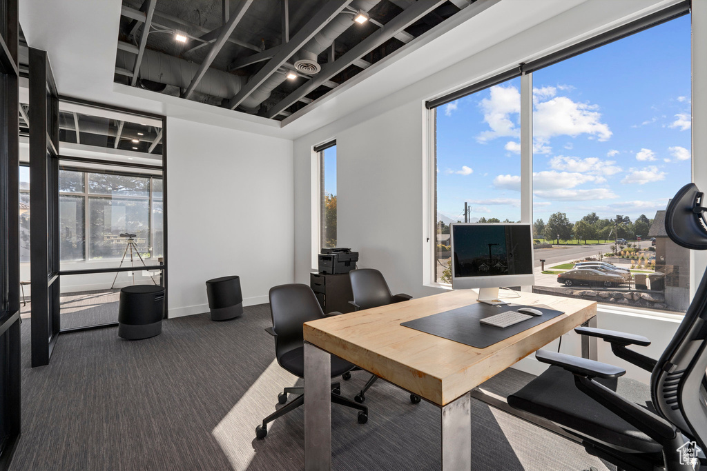 Carpeted office featuring a healthy amount of sunlight and baseboards