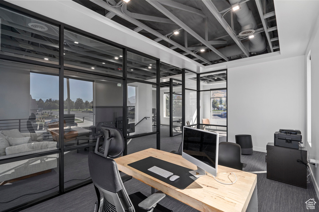 Carpeted home office with a healthy amount of sunlight