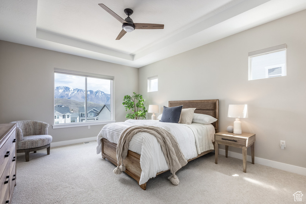 Bedroom with baseboards, light carpet, and a tray ceiling