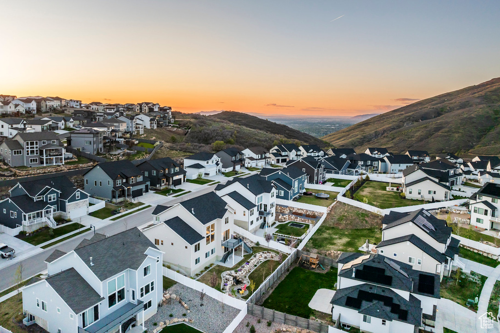 Aerial view featuring a mountain view and a residential view