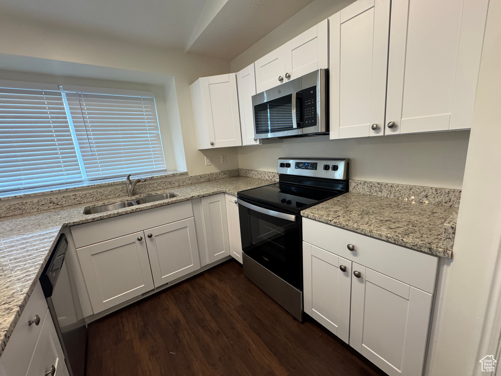 Kitchen with dark wood finished floors, a sink, light stone counters, stainless steel appliances, and white cabinetry