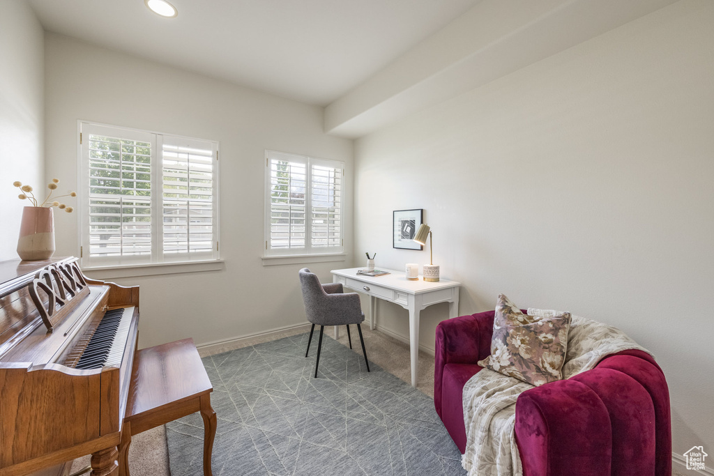 Office area with carpet floors, baseboards, and recessed lighting