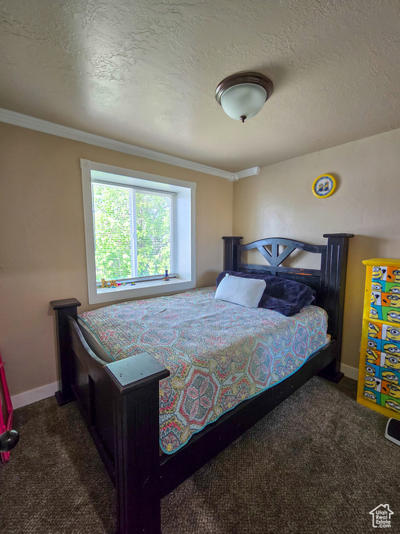 Bedroom with crown molding, a textured ceiling, and carpet