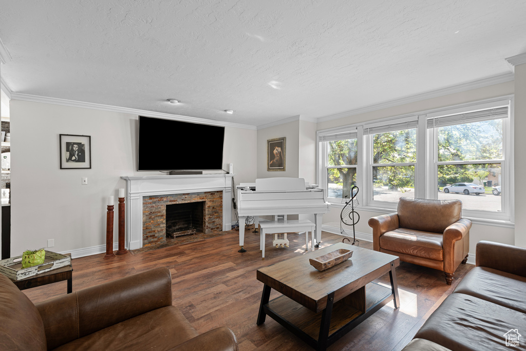 Living room featuring crown molding, wood finished floors, baseboards, a textured ceiling, and a fireplace