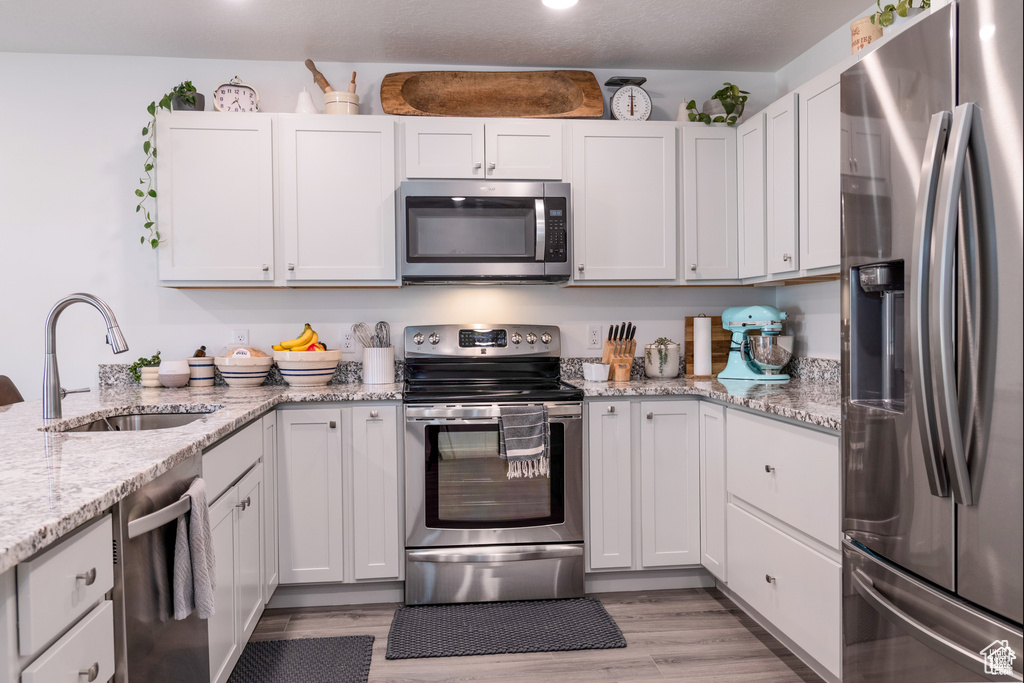 Kitchen featuring a sink, appliances with stainless steel finishes, light stone counters, and light wood-style flooring