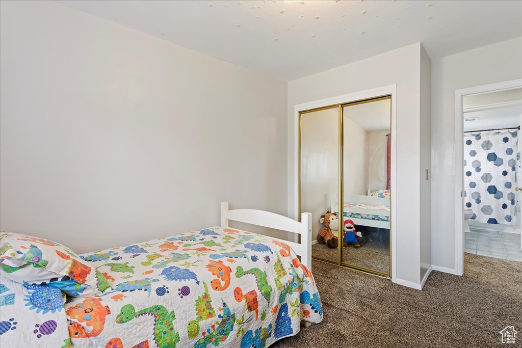 Bedroom with baseboards, carpet, and a closet