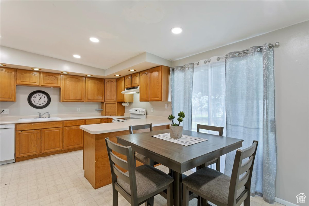 Kitchen featuring electric range, dishwasher, a sink, light countertops, and under cabinet range hood