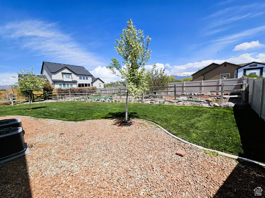 View of yard featuring central AC unit and a fenced backyard