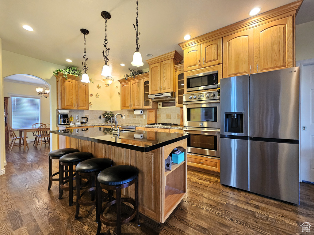 Kitchen featuring appliances with stainless steel finishes, arched walkways, open shelves, dark wood finished floors, and under cabinet range hood