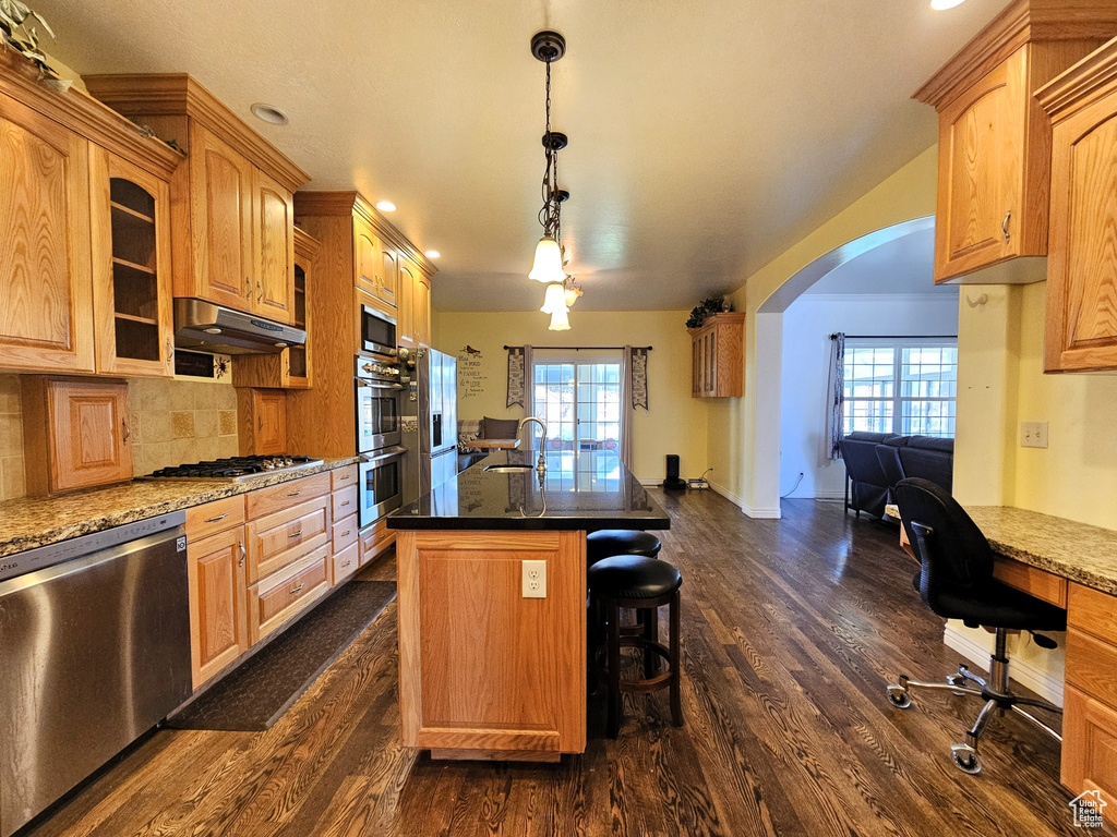 Kitchen featuring dark wood-style flooring, stainless steel appliances, arched walkways, and a sink