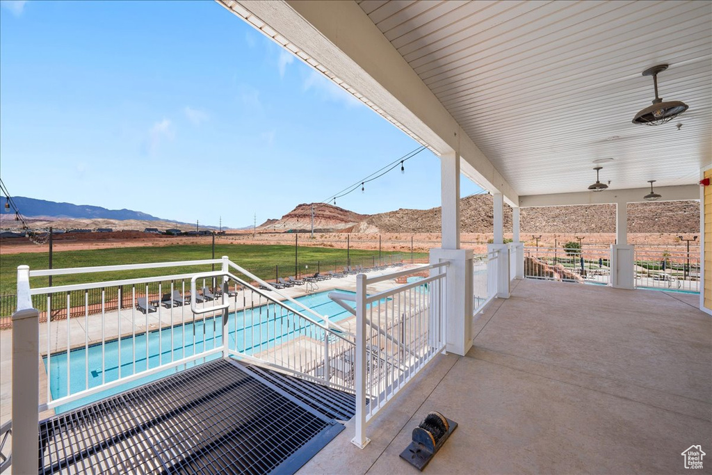 View of patio / terrace with a mountain view