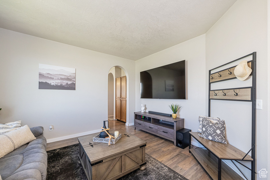 Living room featuring arched walkways, baseboards, wood finished floors, and a textured ceiling