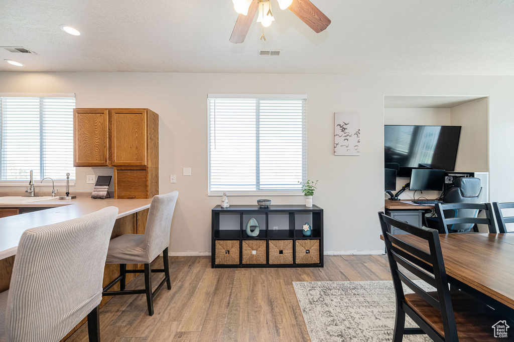Office featuring visible vents, ceiling fan, plenty of natural light, light wood-type flooring, and a sink