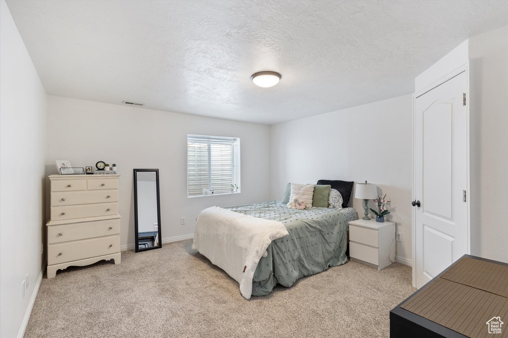 Bedroom featuring light colored carpet, a textured ceiling, baseboards, and visible vents