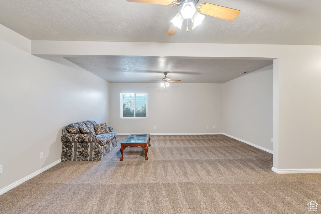 Living area with carpet, a textured ceiling, a ceiling fan, and baseboards