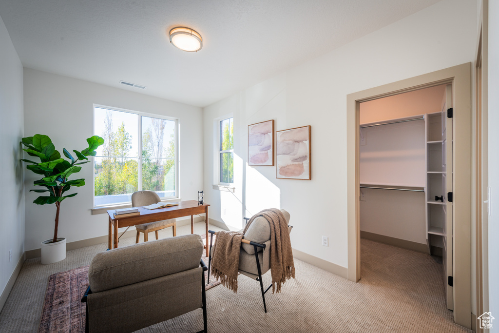 Office area with visible vents, baseboards, and light carpet
