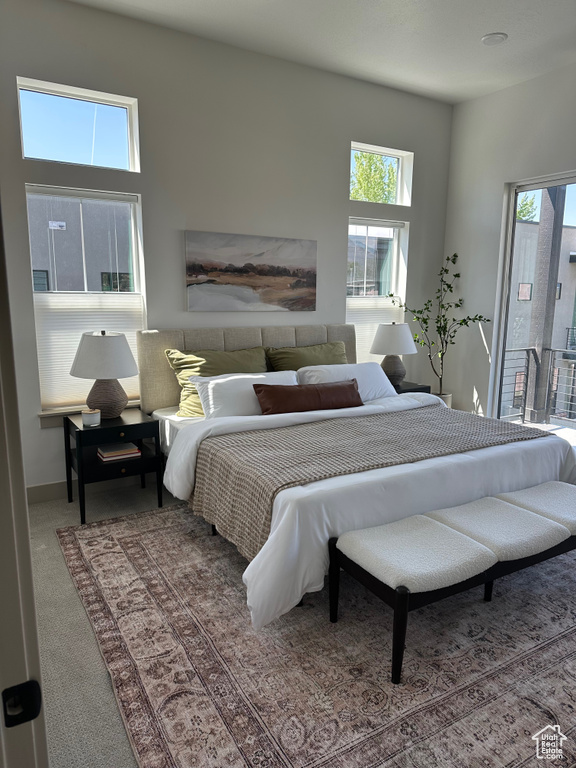 Bedroom with multiple windows and carpet