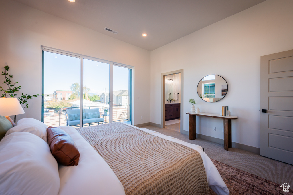 Bedroom with visible vents, light colored carpet, baseboards, access to outside, and recessed lighting
