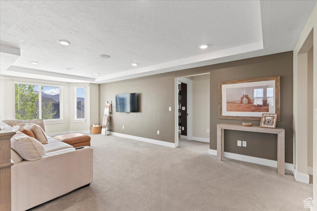 Living room featuring a raised ceiling, baseboards, a textured ceiling, and light colored carpet