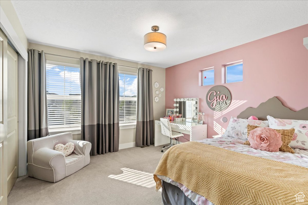 Bedroom with a closet, baseboards, and carpet flooring
