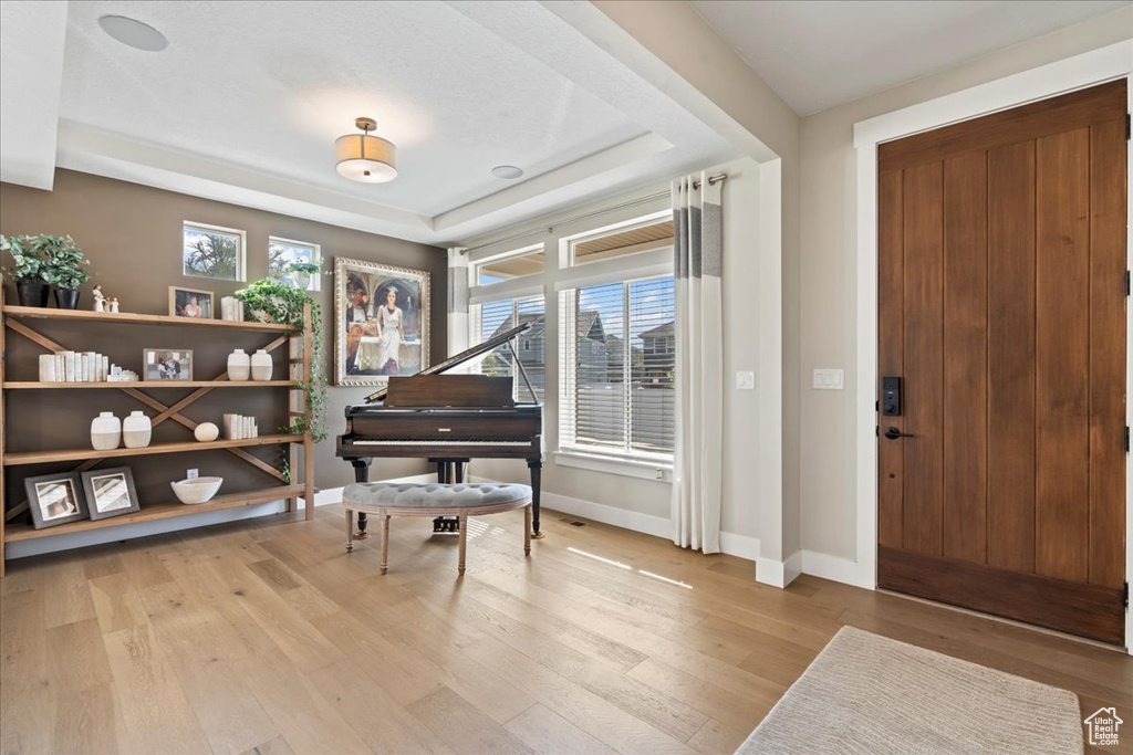Entrance foyer with a raised ceiling, baseboards, wood finished floors, and a wealth of natural light