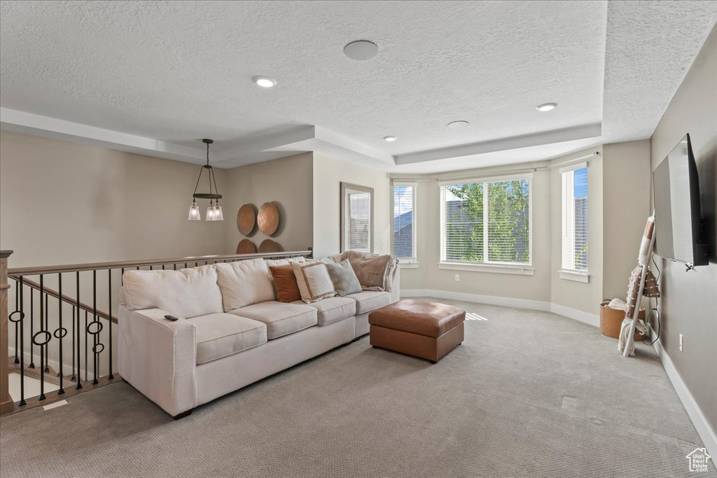 Living area featuring baseboards, carpet, a textured ceiling, and a tray ceiling
