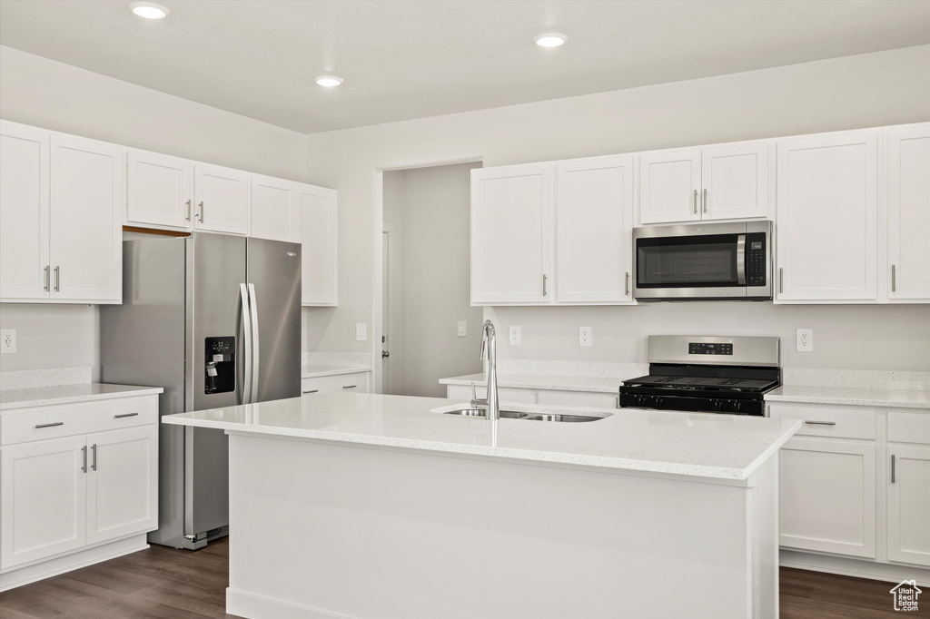 Kitchen featuring appliances with stainless steel finishes, a sink, dark wood-style flooring, white cabinets, and recessed lighting