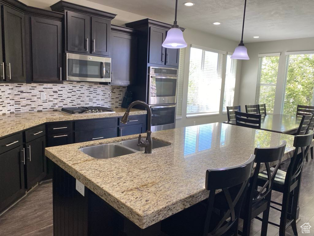 Kitchen featuring recessed lighting, appliances with stainless steel finishes, a sink, and dark wood finished floors