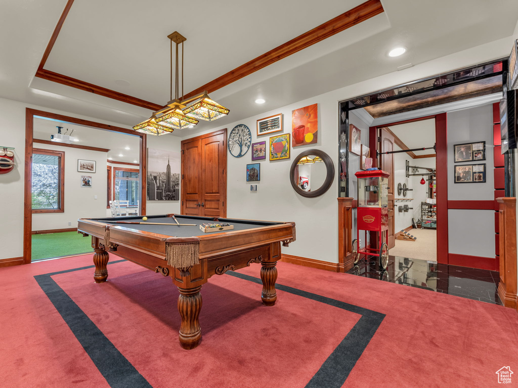 Playroom featuring baseboards, carpet, recessed lighting, and pool table