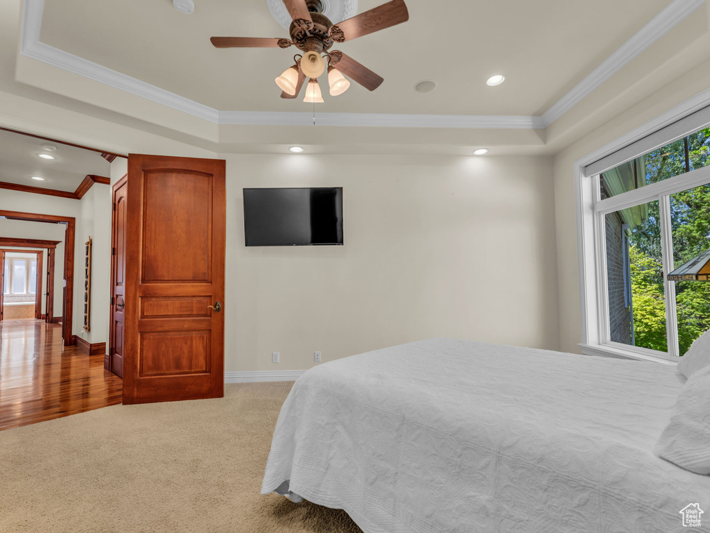 Carpeted bedroom with a tray ceiling, ornamental molding, and multiple windows