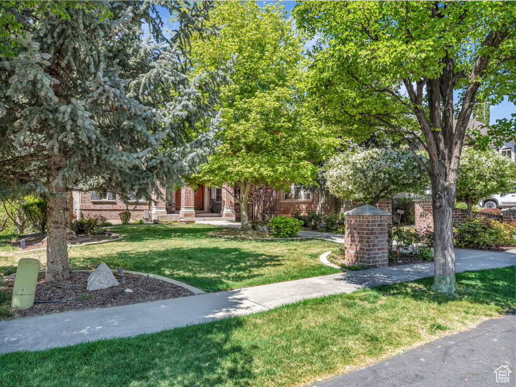 Obstructed view of property featuring brick siding and a front yard